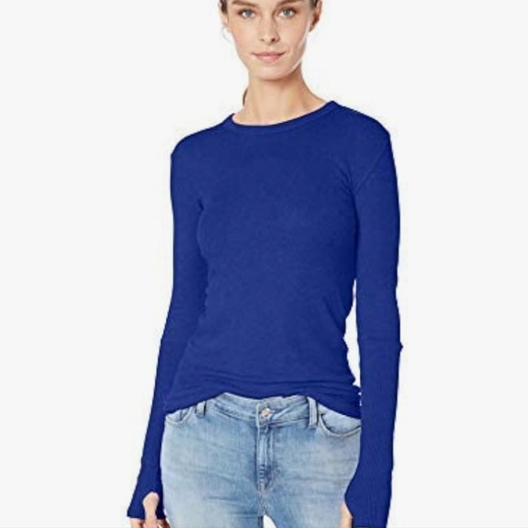 Enza Costa Cashmere Blend Cuffed Crew Top with Thumbholes Baltic Blue XS - Picture 1 of 10